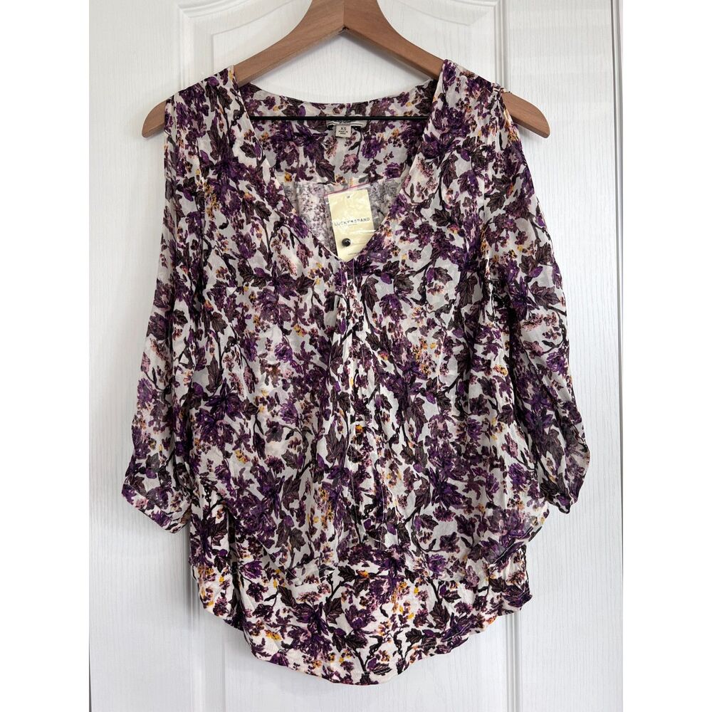 Lucky Brand Women's Purple Yellow Floral 3/4 Sleeve Blouse Size XS - NWT!